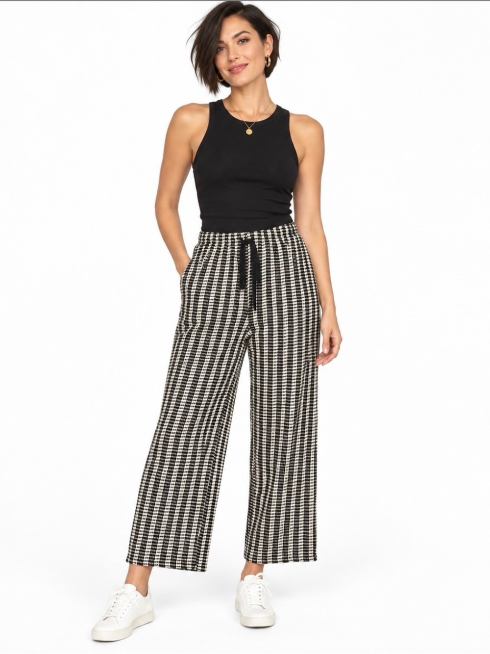Industry Republic Clothing Black White Houndstooth Knit Wide Leg Pants Medium